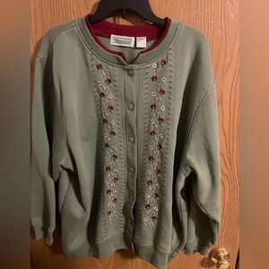 Extra Shenanigans Flower-Embroidered Sage Green Cottagecore Button-Front Sweater